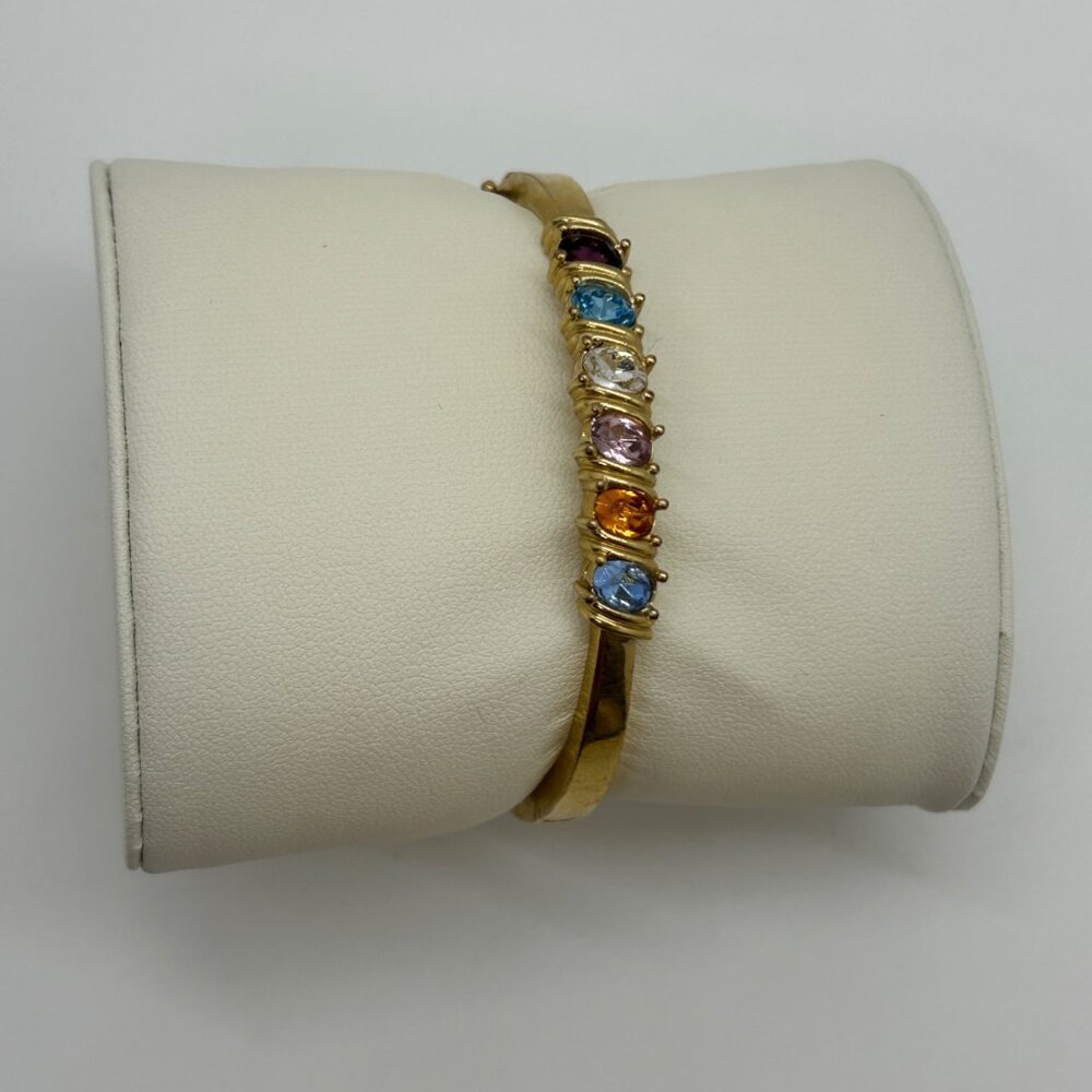 Vintage Gold Tone Bangle Bracelet Rainbow Birthstone Multi-Color Crystals Hinged - Picture 4 of 16